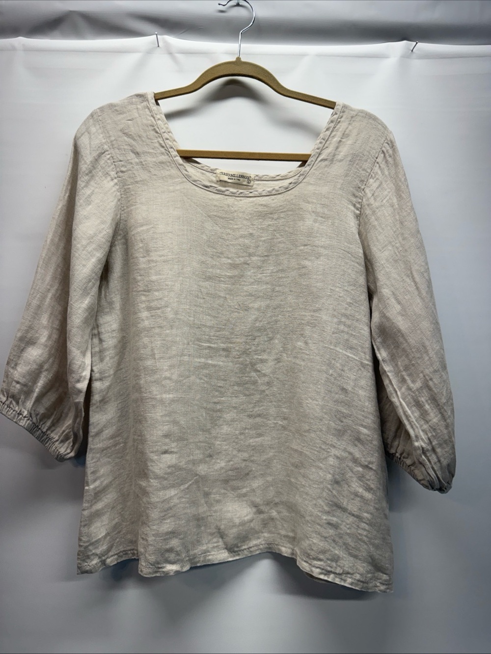 Terzo Millennio Sz L Linen Tunic Top Beige Scoop Neck Balloon Slv Lagenlook Boho